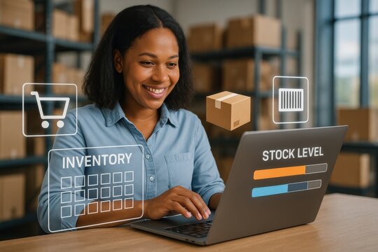 Streamlining inventory management woman analyzing stock levels in modern warehouse digital tools business environment professional viewpoint - Powered by Adobe