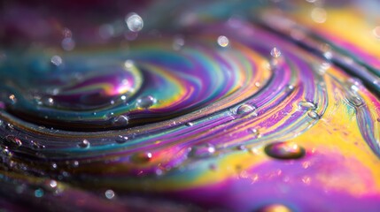 Abstract swirls of iridescent colors, water droplets
