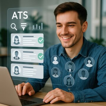 Engaging job applicant tracking system demonstration corporate office digital media professional environment close-up view recruitment technology