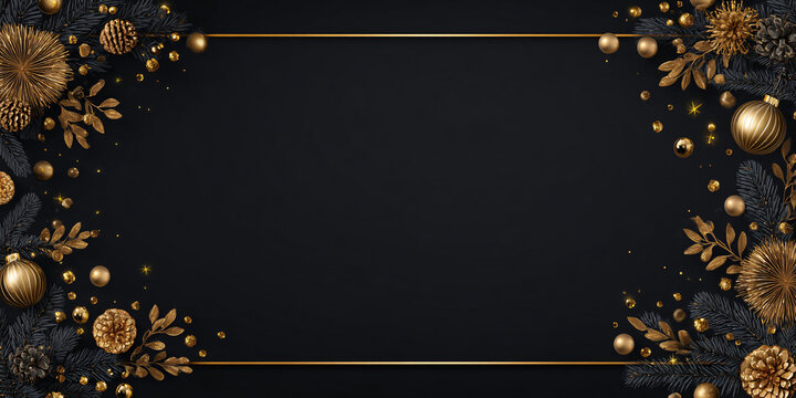 A luxurious dark black Christmas background with gold trim around the edges. Elegant ornaments. Empty center for text or greetings. New Year's card in the form of a frame. - Powered by Adobe