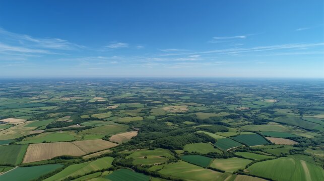 The landscape showcases expansive fields with diverse fields extending towards the horizon under a striking blue sky. Fields and sky dominate this serene countryside view.