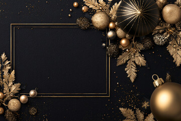 A luxurious dark black Christmas background with gold trim around the edges. Elegant ornaments. Empty center for text or greetings. New Year's card in the form of a frame.