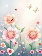 Smiling Flowers and Insects in Cute Pastel Nursery Art