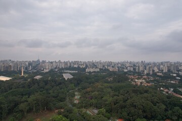 View of Sao Paulo city skyline surrounded by greenery on a cloudy day