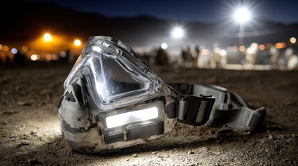 Tactical safety mask with lighting on rugged terrain at night