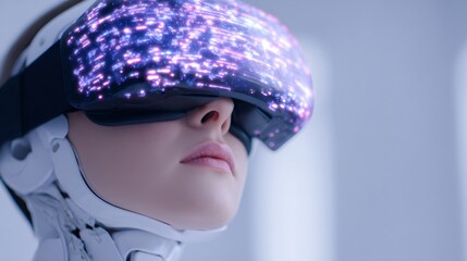 Woman wearing advanced virtual reality headset with glowing data visualization. Future technology and artificial intelligence in medicine for innovation.
