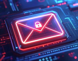 Extreme close-up of touchscreen with glowing holographic email warning sign - Cybersecurity phishing alert