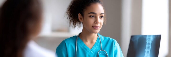 Woman doctor in medical uniform reviewing X-ray on virtual screen. Healthcare professional analyzing digital image with patient. Telemedicine and medical tech.