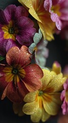 Vibrant Primrose Flowers with Water Droplets in Close-Up.