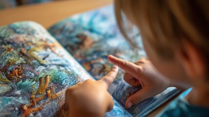 Child points to illustration in an open book
