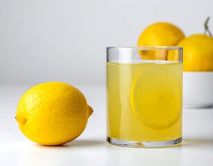 Fresh lemon juice in a glass, with whole lemons