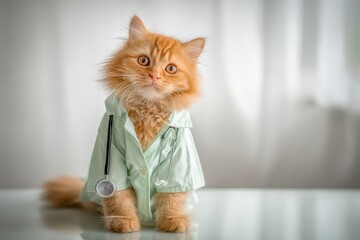 Adorable fluffy ginger cat dressed as a tiny doctor with stethoscope, looking cute.