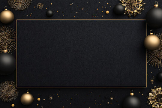 A luxurious dark black Christmas background with gold trim around the edges. Elegant ornaments. Empty center for text or greetings. New Year's card in the form of a frame. - Powered by Adobe