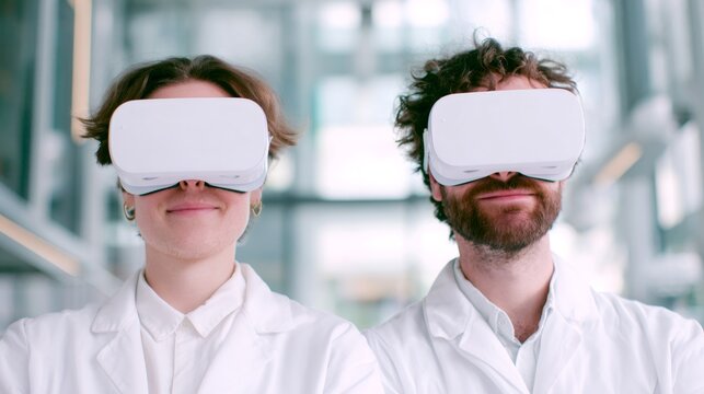 Woman and man scientist wearing virtual reality headset. Healthcare professional exploring metaverse medical technology. Future lab research, innovation concept.