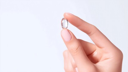 Woman hand holding transparent pill. Concept of modern medicine, health care, future bioengineering. Medical treatment.