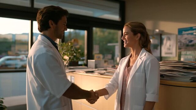 Clinic waiting room with magazines on tables wall posters cluttered counter with forms natural light through doors. Doctor greeting patient handshake coat fabric textures pap