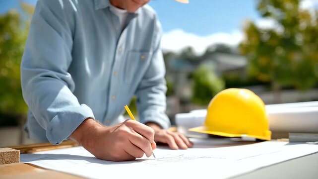Construction foreman marking blueprint at site hammering workers spread on truck hood nearby hard hat rising suburb. Gritty photo with paper creases hammer marks housing prog