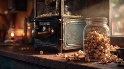 Vintage Popcorn Machine and Jar Overflowing with Delicious Treat.
