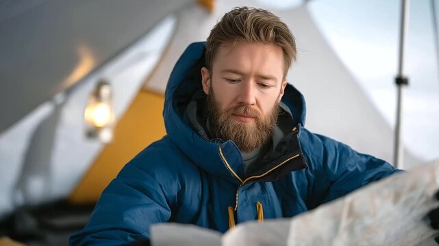 Explorer reading creased map by dented lantern on snowfield bundled face. Rustling paper in wind flapping canvas tent powdery snow swirls. Photo with paper folds lantern glow