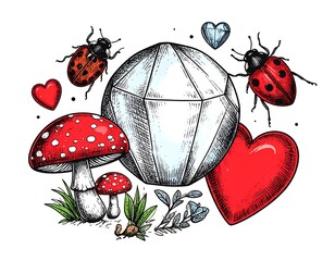 Cute, whimsical illustration with hearts, jewels, bugs, and mushrooms