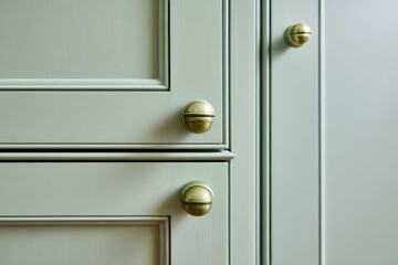 Obraz premium Close-up of sage green kitchen cabinets with brass knobs