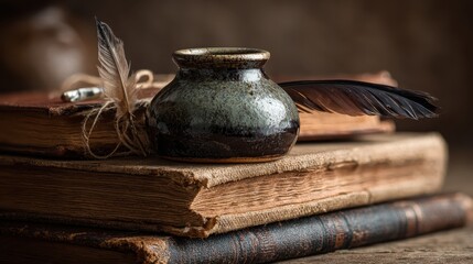 Vintage Writing - Inkwell, Quill, and Aged Books in a Study.