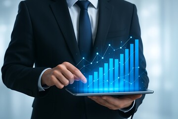 Businessman analyzing futuristic hologram bar chart visualization on digital tablet representing professional business performance statistics growth data management financial success 