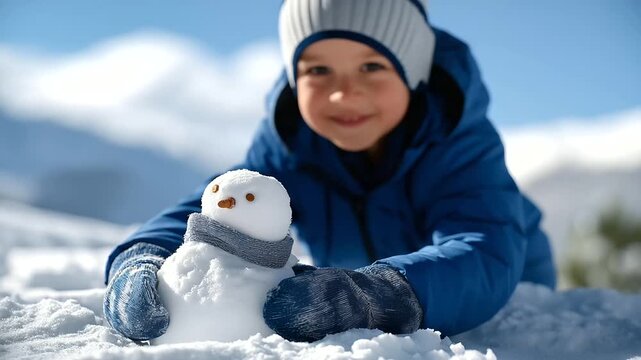 Inuit child building snowman on snowfield thick mittens powdery snow. Frayed scarf on snowman scuffed wooden sled nearby. Matted parka swaying in wind. Photo with snow clumps
