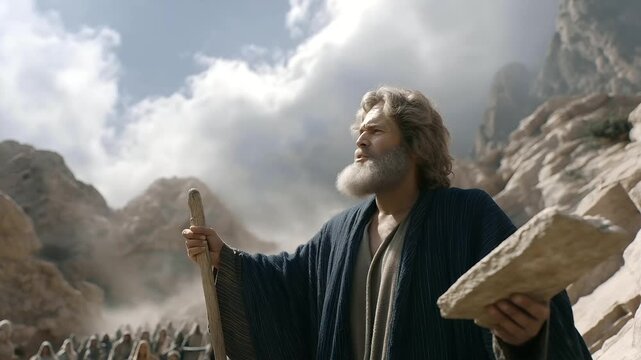Man with matted beard holding chipped stone tablets on mountain worn wooden staff. Murmuring crowd below in dusty cloaks jagged swirling clouds. Majestic photo inspired by