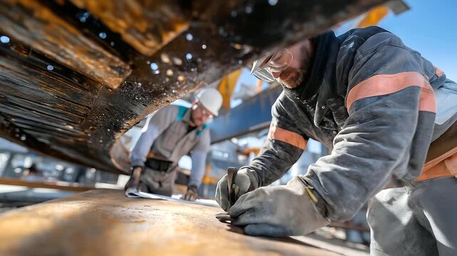 Maintenance crew repairing silo conveyor in dusty shed creaking belts tightening wrenches dripping oil cans spread blueprint. Gritty photo with belt textures tool marks