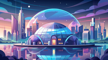 
very beautiful futuristic city protected by giant dome, showcasing modern architecture and vibrant lights reflecting on water. scene evokes sense of wonder and innovation