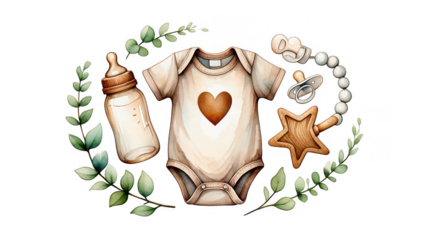 Watercolor baby shower set isolated on transparent background with baby items