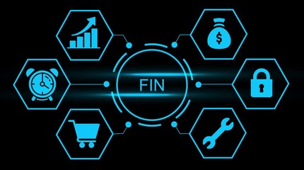 Futuristic financial technology network infographic with growth chart money bag alarm clock shopping cart and lock icons connected by lines on black background digital concept - Powered by Adobe