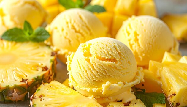 Fresh mango and pineapple ice cream scoops
