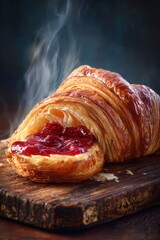 Warm Croissant with Raspberry Filling on Rustic Wooden Board.