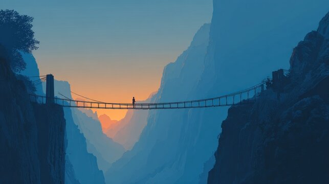 Fototapeta Silhouette on mountain rope bridge at sunrise