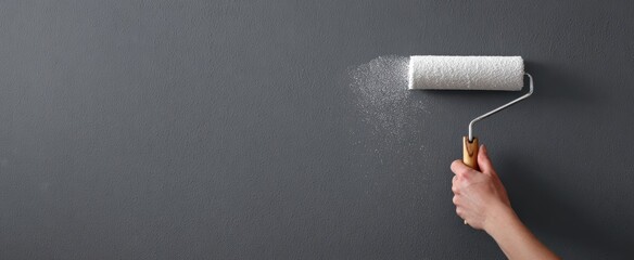 The paint roller in hand applying fresh white paint on dark grey wall