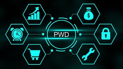 Digital business network connecting growth graph shopping cart alarm clock money bag and security lock icons with blurred text in center on dark background - Powered by Adobe