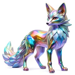 Iridescent fox statue with holographic colors and sharp, geometric features, isolated on white background