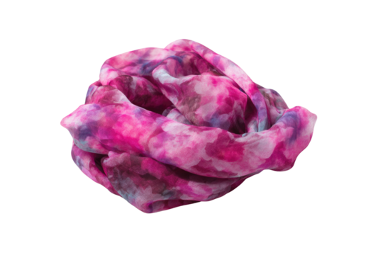 Pink and purple floral patterned silk scarf, loosely draped, isolated on transparent background. background removed