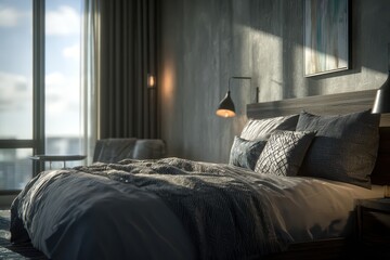 Serene Bedroom Interior with Natural Light and Modern Design.