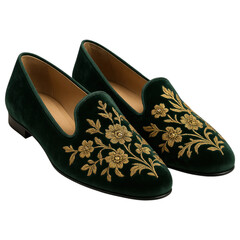Obraz premium Elegant Green Velvet Slippers with Intricate Gold Floral Embroidery Design