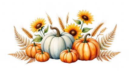 Autumn harvest arrangement isolated on transparent background with pumpkins and sunflowers
