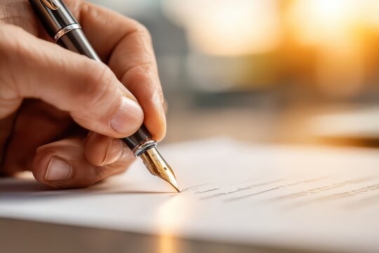 Close-up of hand signing a document with a fountain pen, symbolizing agreement.