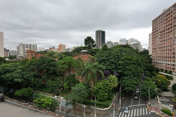 Vibrant urban landscape of Sao Paulo with lush greenery in focus