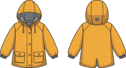 Kids hooded raincoat CAD flat sketch with drawstring hood, button placket, patch pockets, front and back view, children’s jacket technical drawing, fashion apparel design vector © MstRowshona