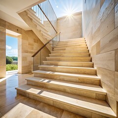 Sunlit modern staircase made of stone leading upwards towards a bright sky and lush greenery