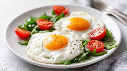 Delicious breakfast plate with fried eggs, arugula, and cherry tomatoes.