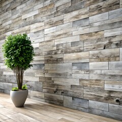 A potted green plant sits in front of a rustic wooden plank wall in a bright, modern room