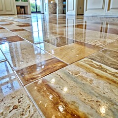 Closeup of a polished marble tile floor with a reflective surface in a luxurious interior setting